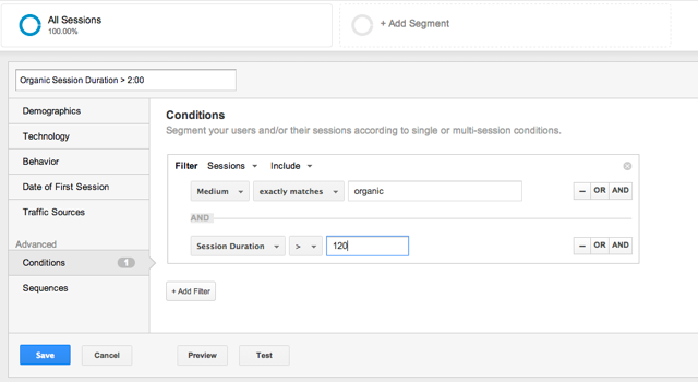 google analytics long session organic segment