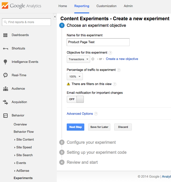 image showing an ab test experiment in google analytics