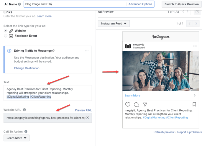 Upload the Ad Image and Enter the Link of Instagram Ad