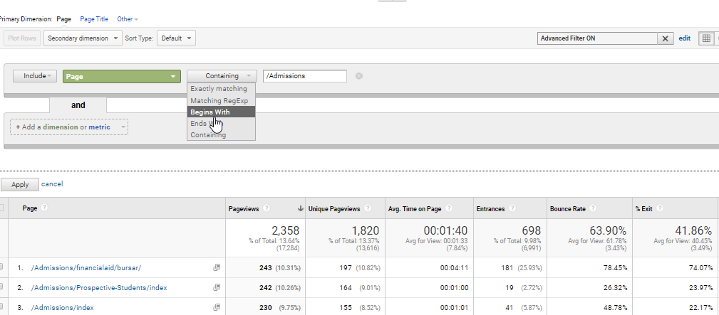Google Analytics Advanced Filter for Admissions Content