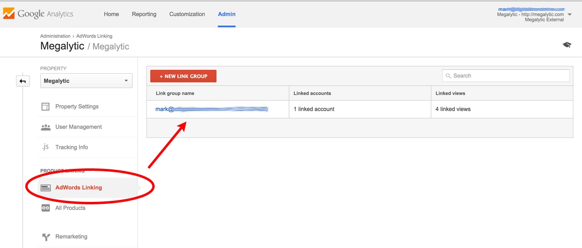 image showing linked adwords and google analytics accounts