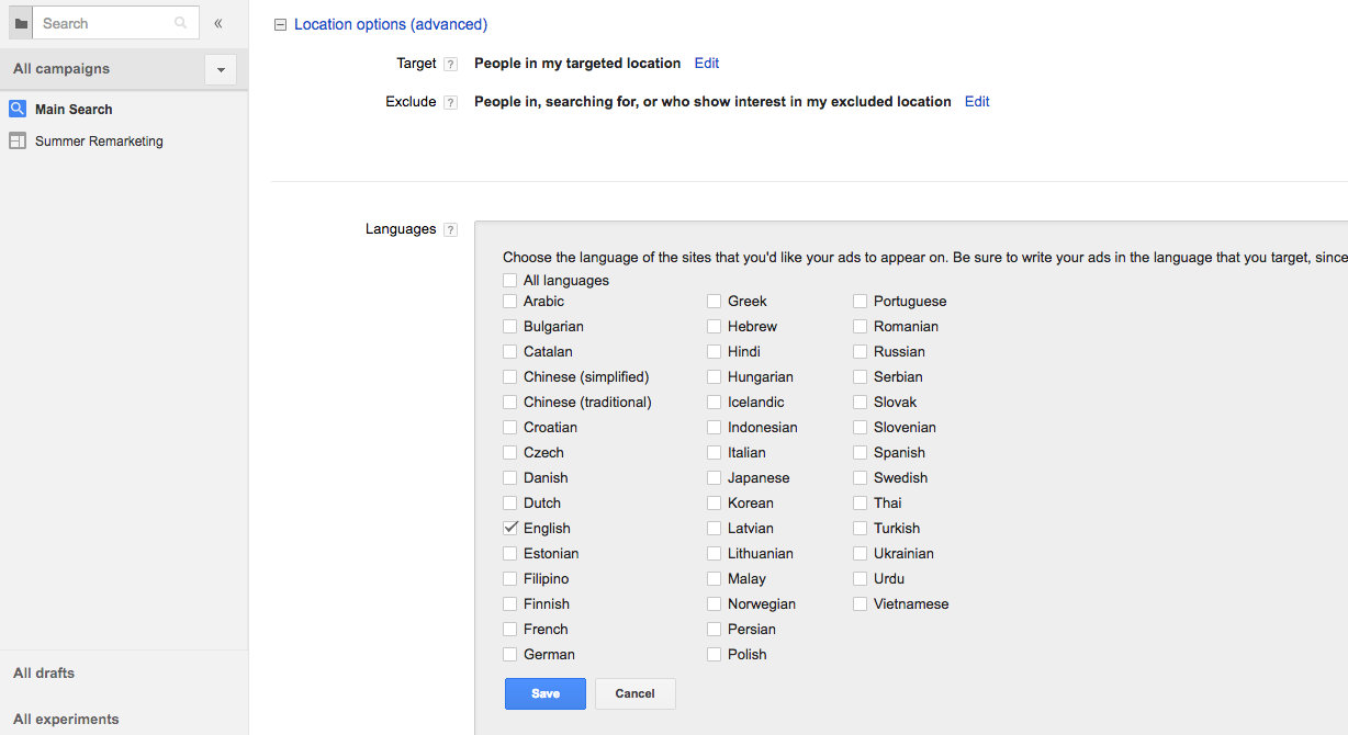 AdWords Language Targeting