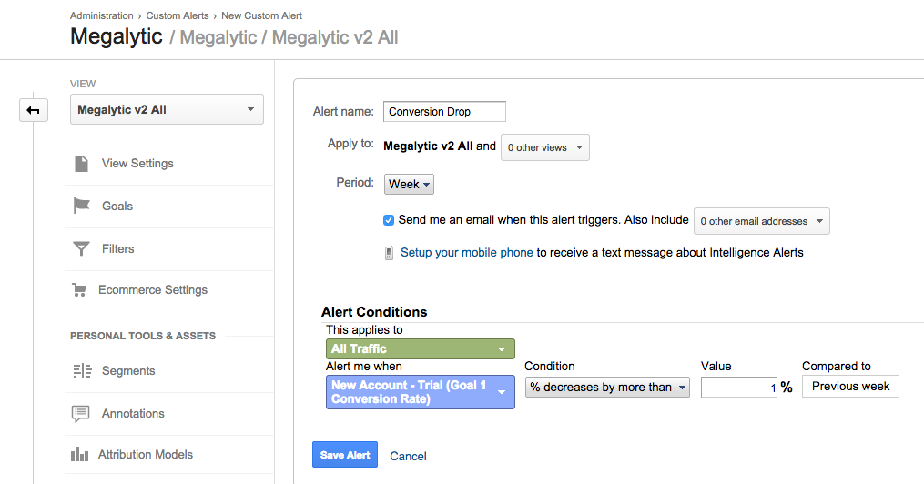 creating a google analytics alert - step 3