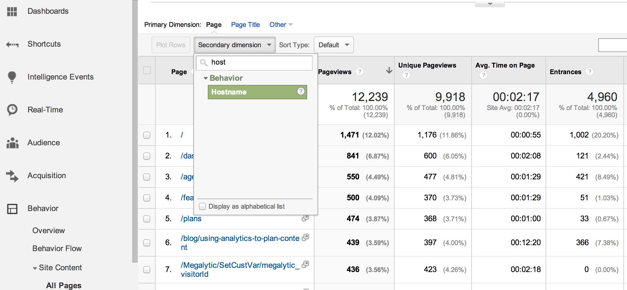 select hostname as secondary dimension in google analytics