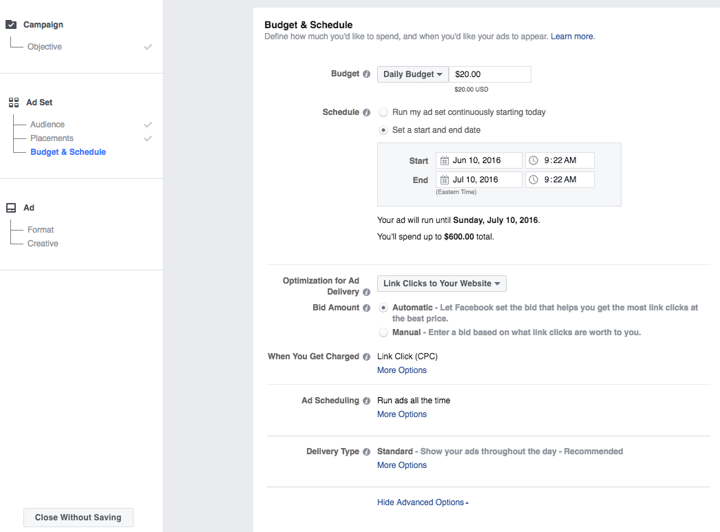 Facebook Ads Manager - Budget Schedule