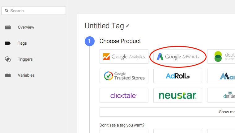Google Tag Manager - Choose AdWords