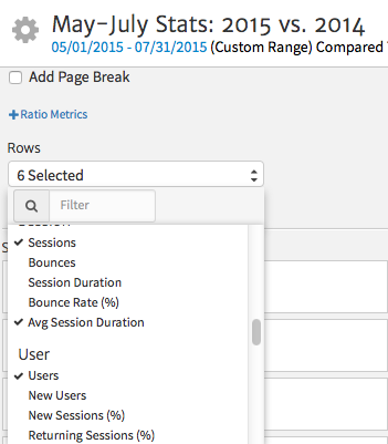 Choosing Metrics in Megalytic's Period Comparison Widget