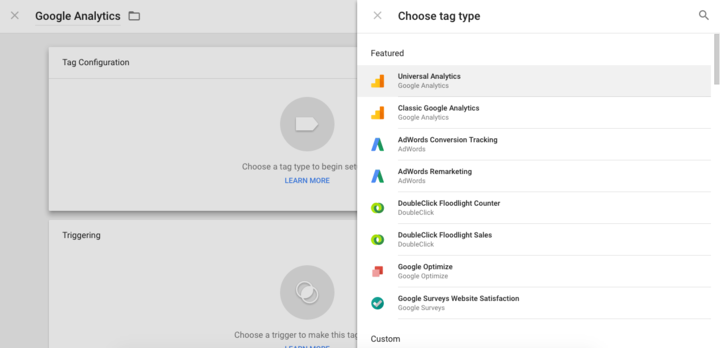 Google Tag Manager - Choose Tag Type