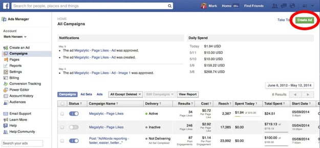 Start creating the Facebook ad