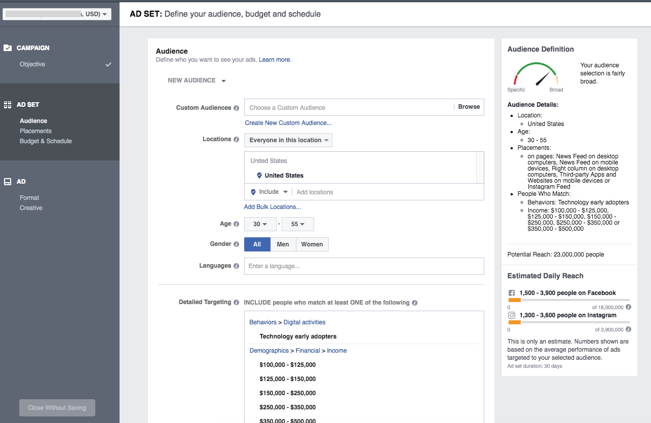 Facebook Ads Manager - Create Ads Set