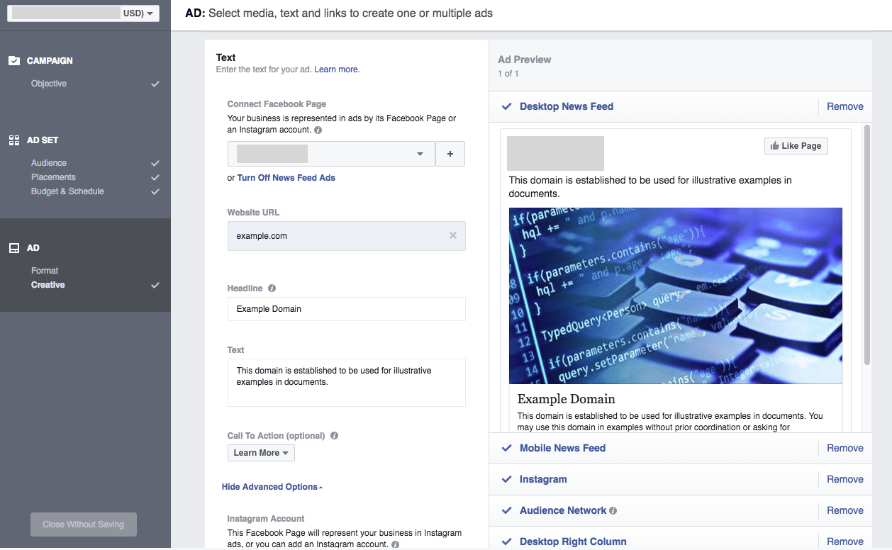 Facebook Ads Manager - Create Ad