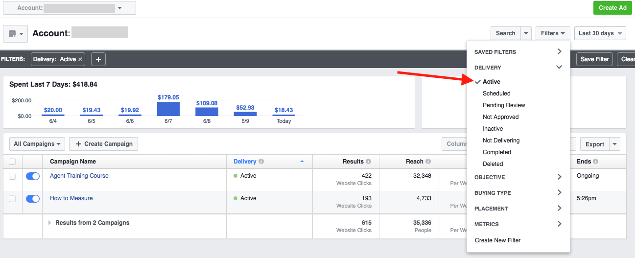 Facebook Ads Manager - Create Filter