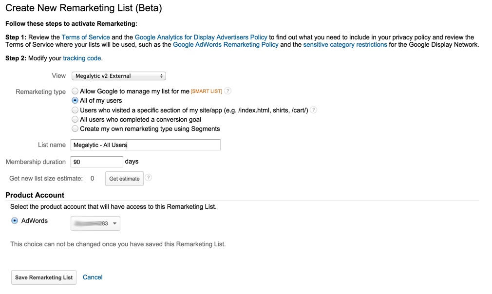 create a new remarketing list in google analytics