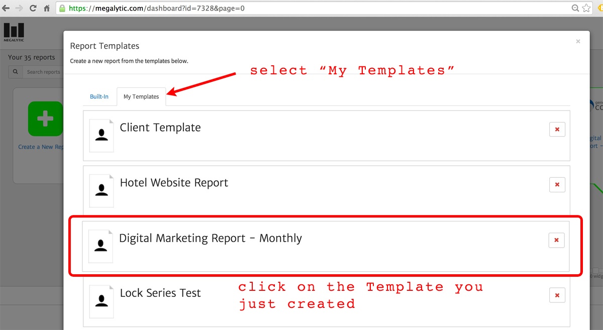 create a megalytic report from a template
