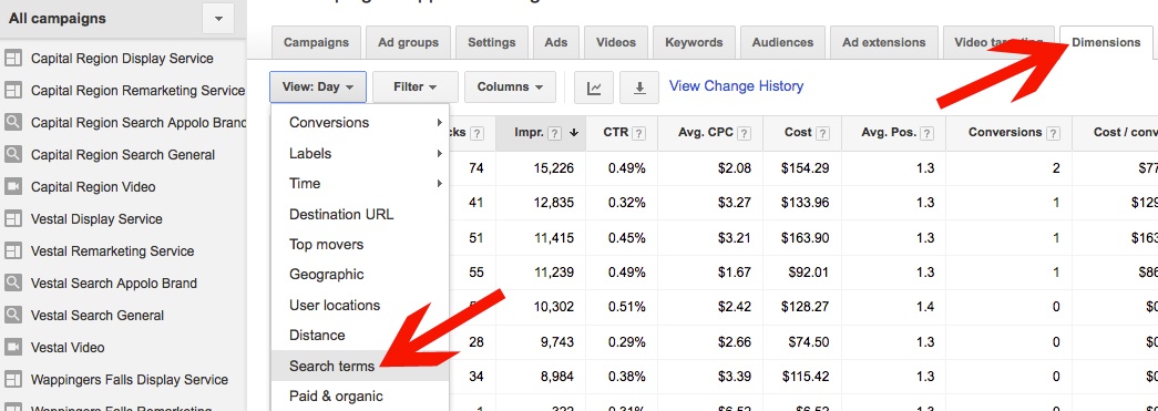 View Search Terms from the Dimensions Tab