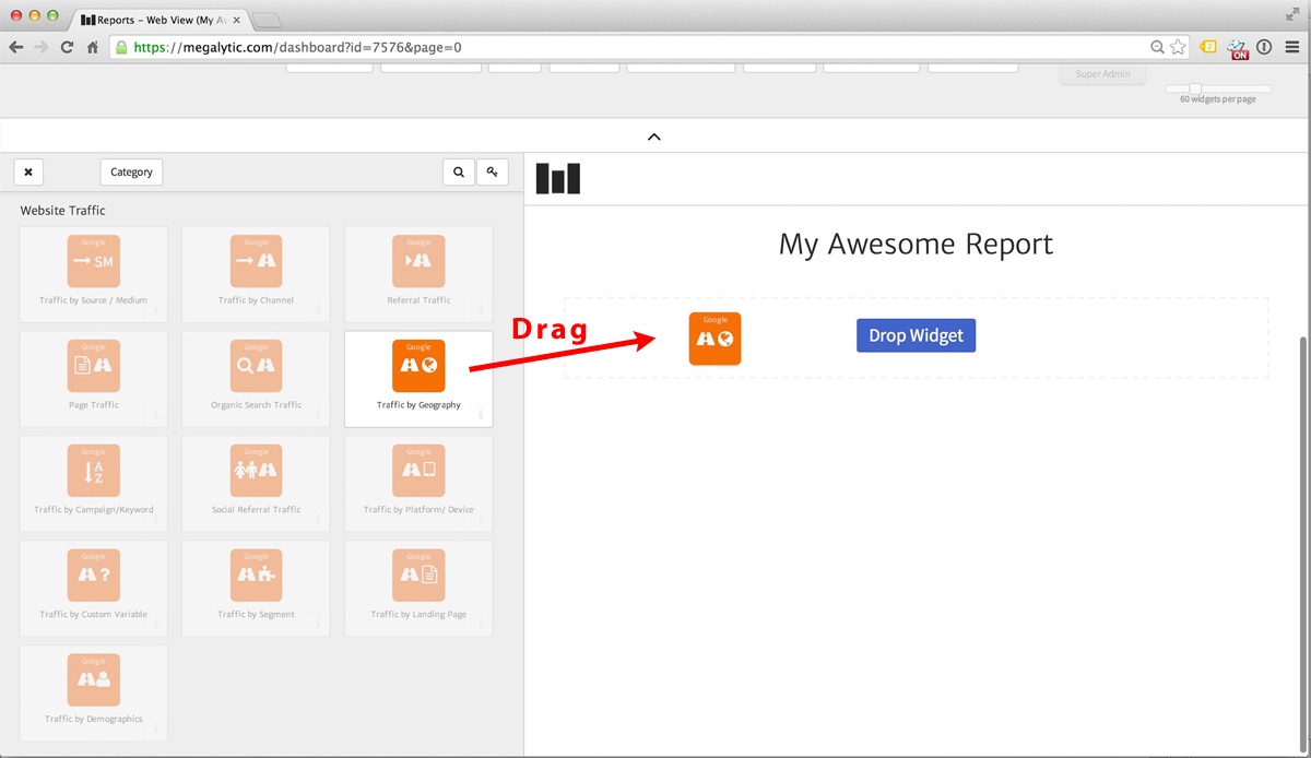 drag and drop widgets onto a Megalytic report