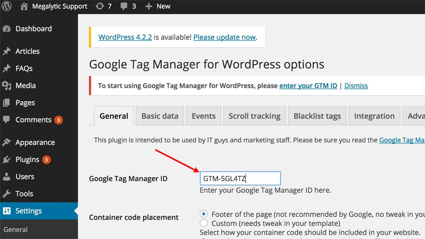 Enter the Google Tag Manager ID