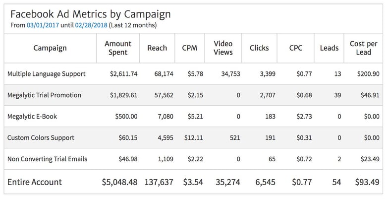 Facebook Ad Metrics by Campaign