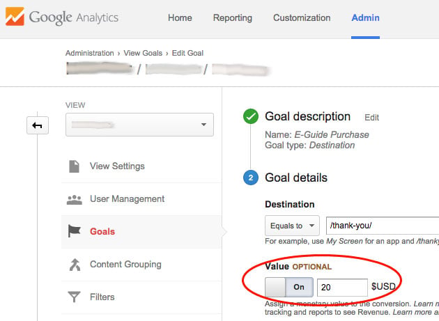 Google Analytics Goal Setup with Value