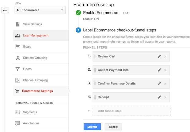 creating an ecommerce funnel in Google Analytics