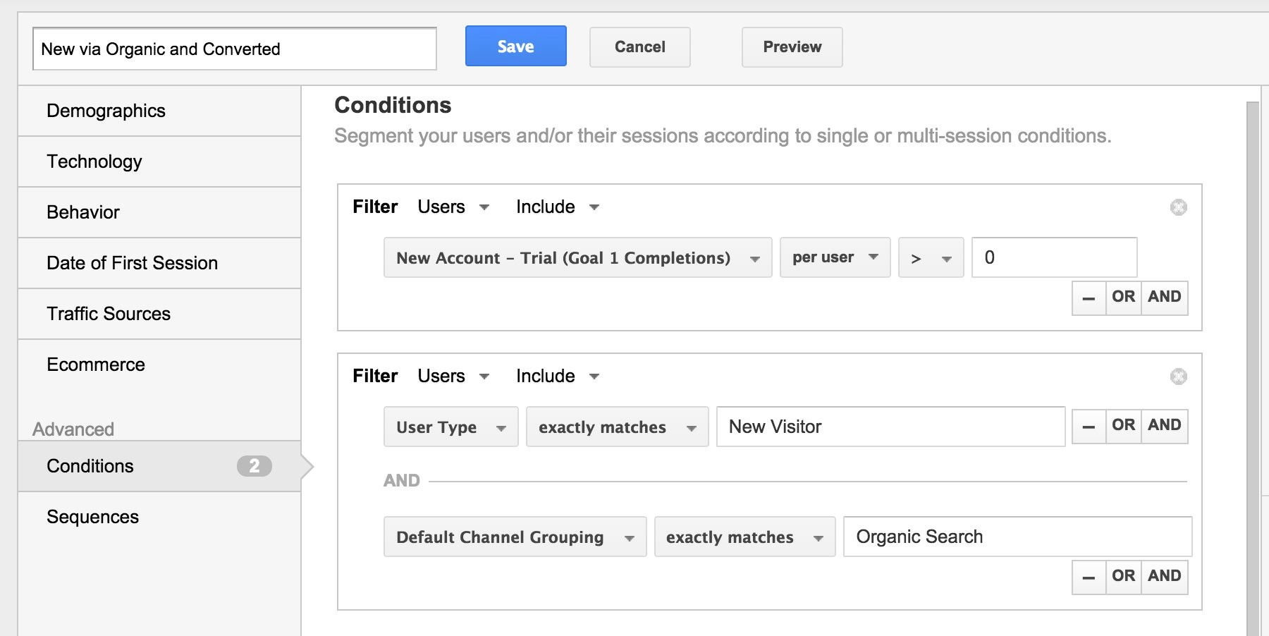 Google Analytics Leads via Organic Segment
