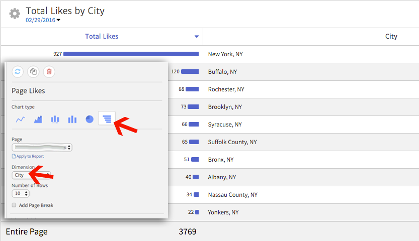 Facebook Page Likes by City shown in a Megalytic widget