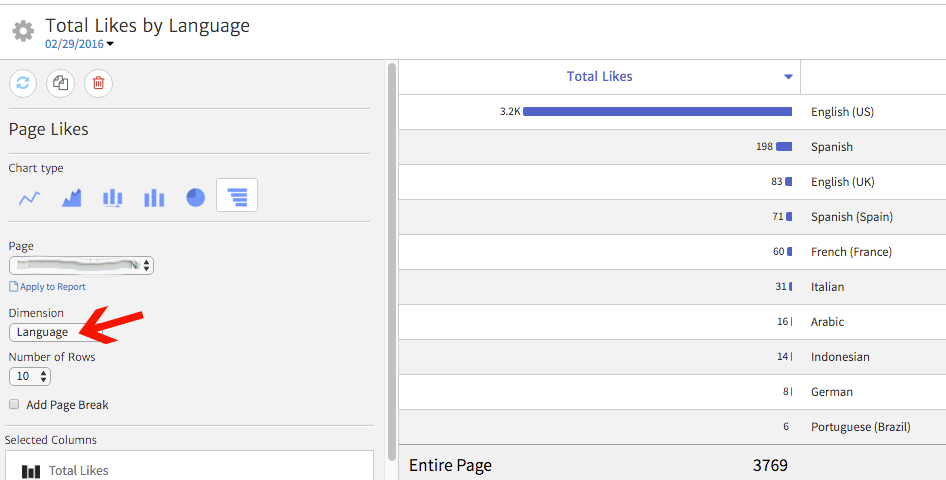 Facebook Page Likes by Language shown in a Megalytic Widget