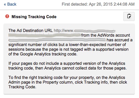 Google Analytics Missing Tracking Code Notification