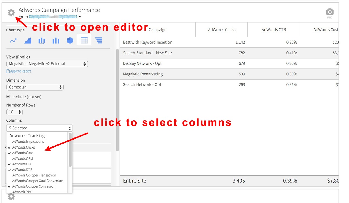 image showing how to modify a table in a Megalytic report