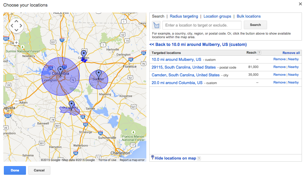 AdWords Multiple Geo Targeting Locations