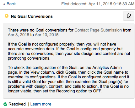 Google Analytics No Goal Conversions Notification