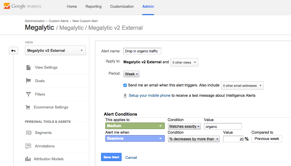 Alert when drop in Organic Traffic