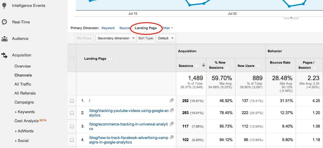 google analytics organic traffic landing pages