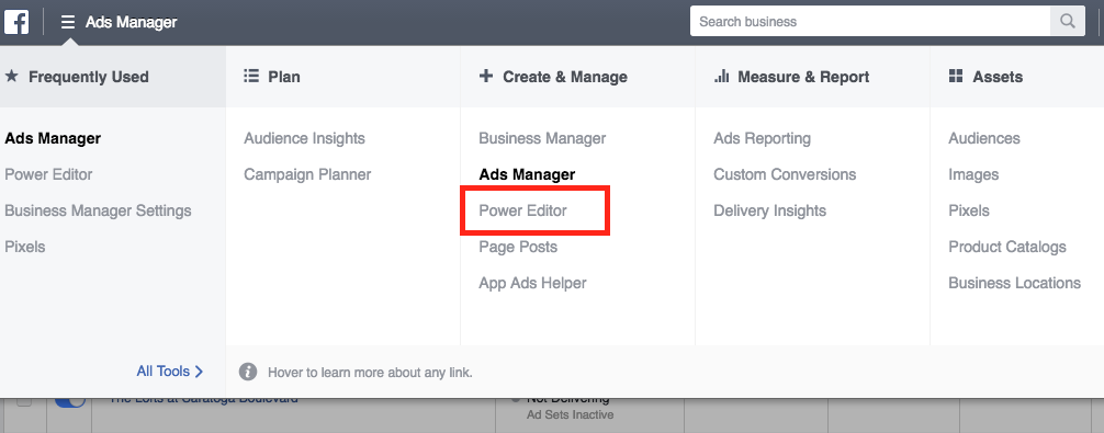 Facebook Power Editor Menu Link