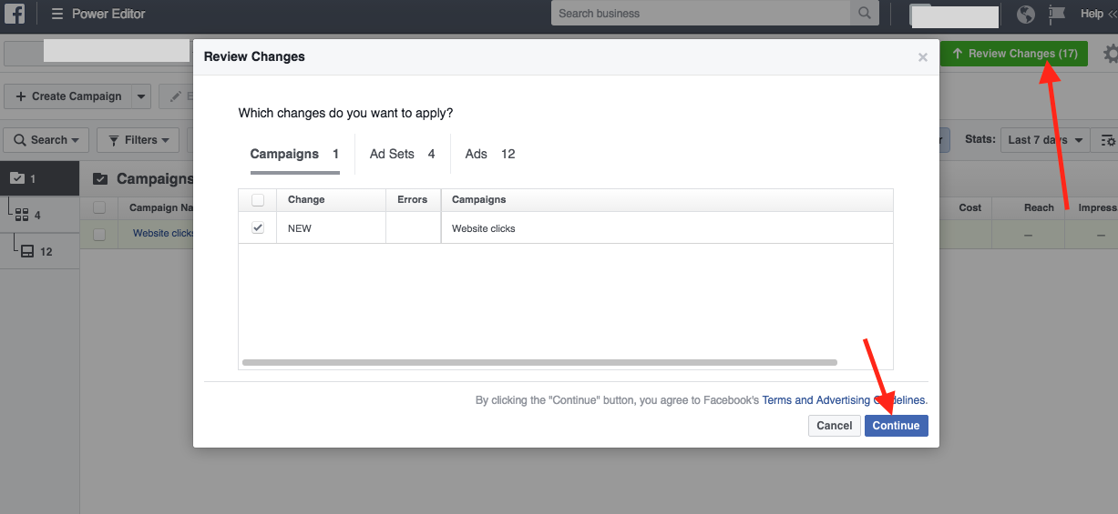 Facebook Power Editor Publish Changes