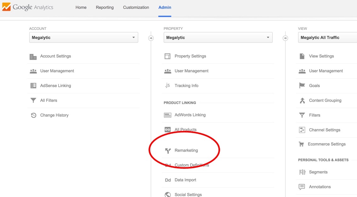 select remarketing from google analytics admin panel