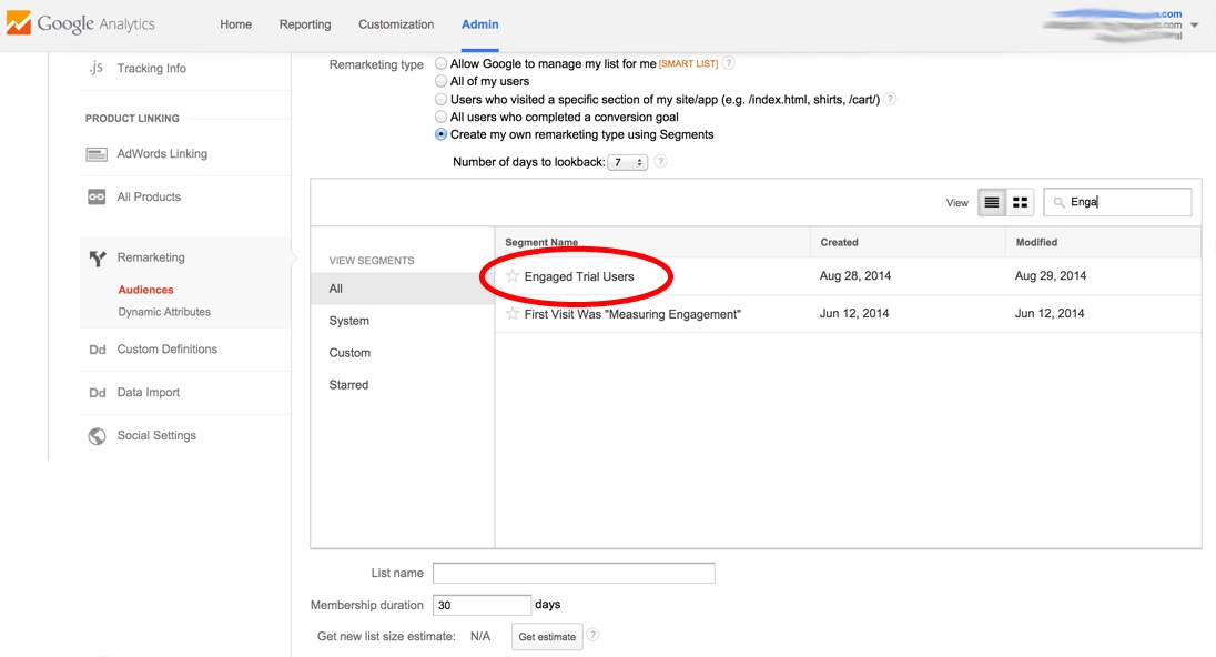 viewing remarketing segment in google analytics admin section
