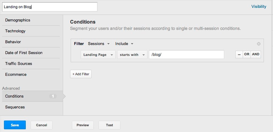 google analytics segment landing on blog