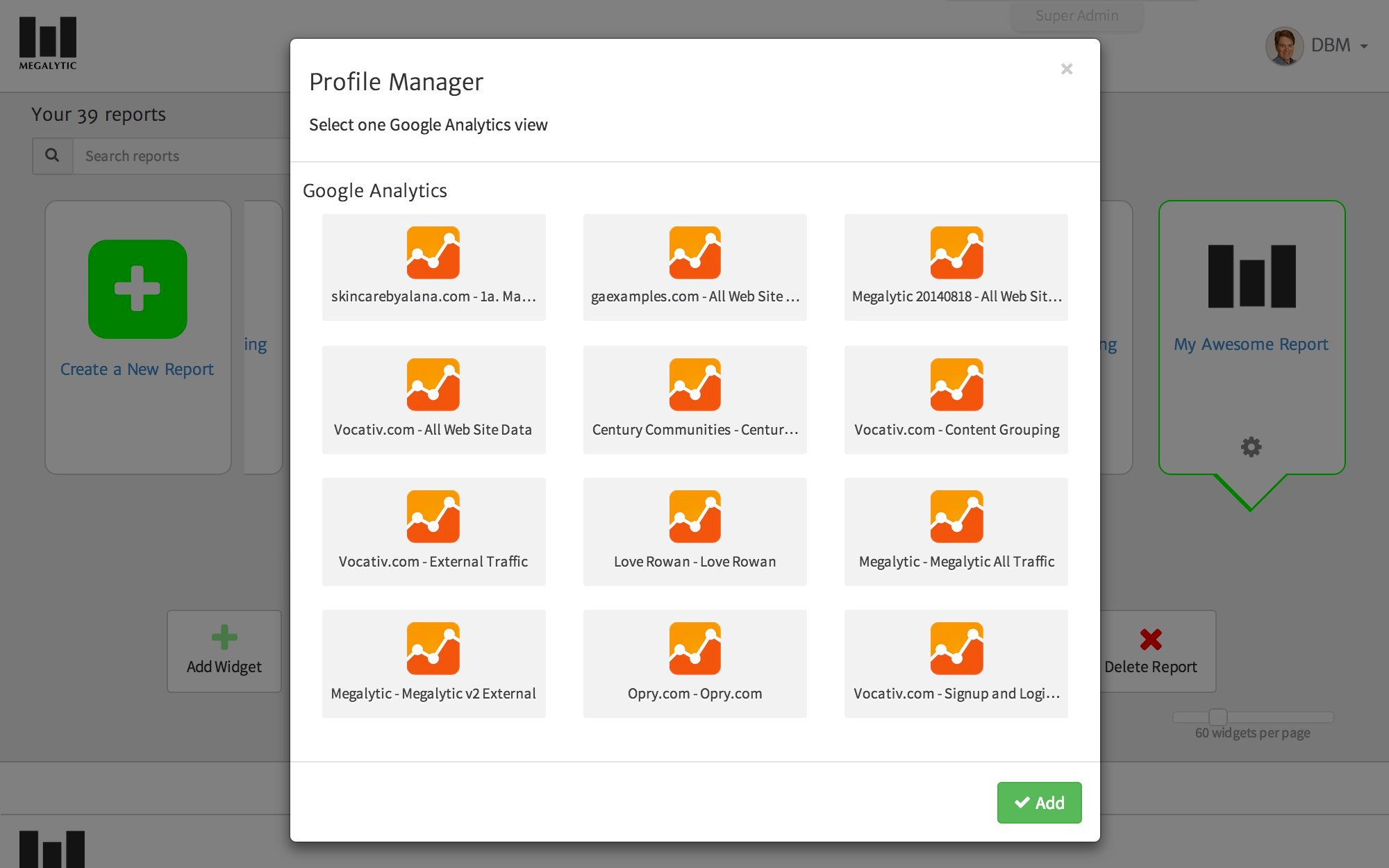 Selecting a Connection to Google Analytics within Megalytic