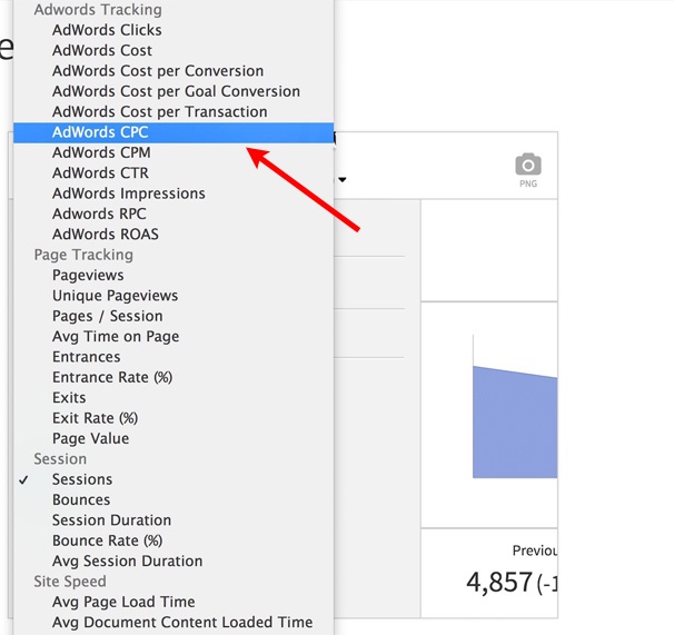 Megalytic Widget Selecting the AdWords CPC Metric