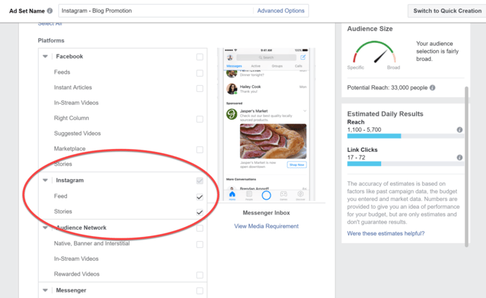 Select Instagram as the Advertising Platform
