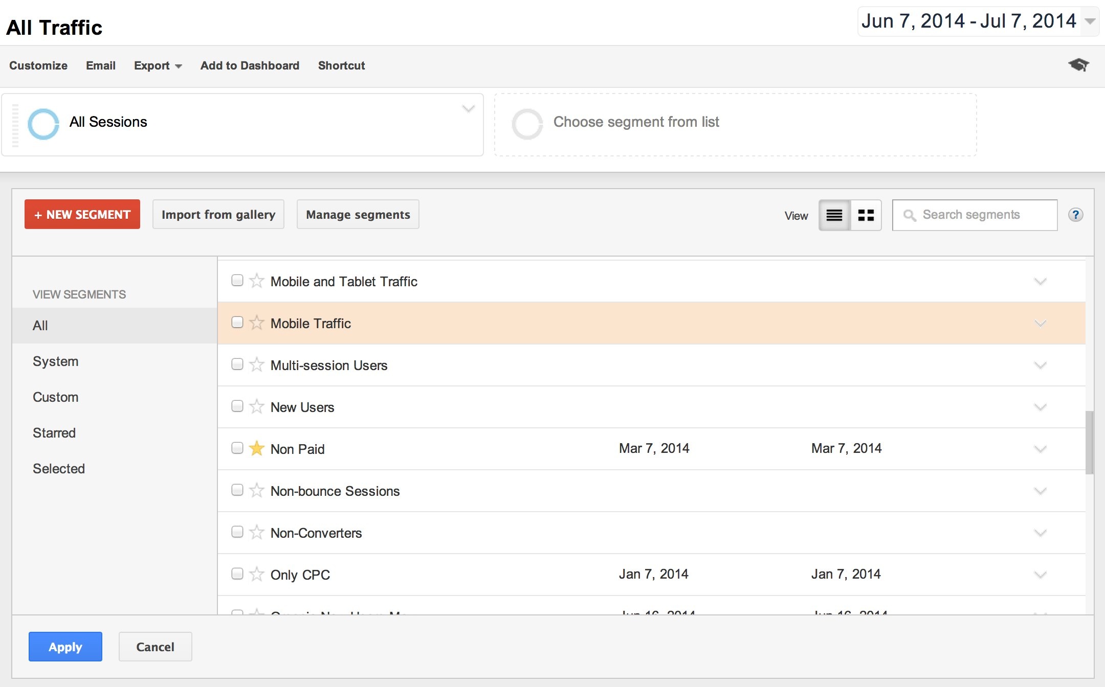selecting the mobile traffic segment