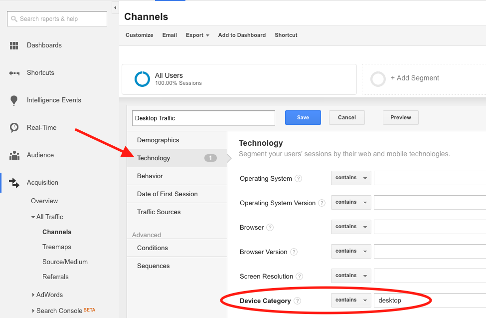 Defining a Desktop Segment in Google Analytics