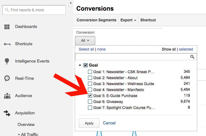 Google Analytics Selecting a Goal for Social Conversions Report