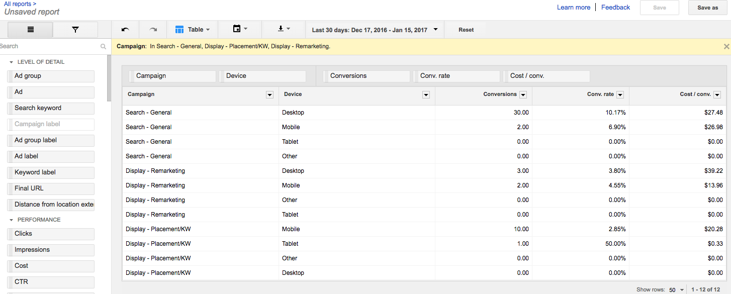 AdWords Table Report