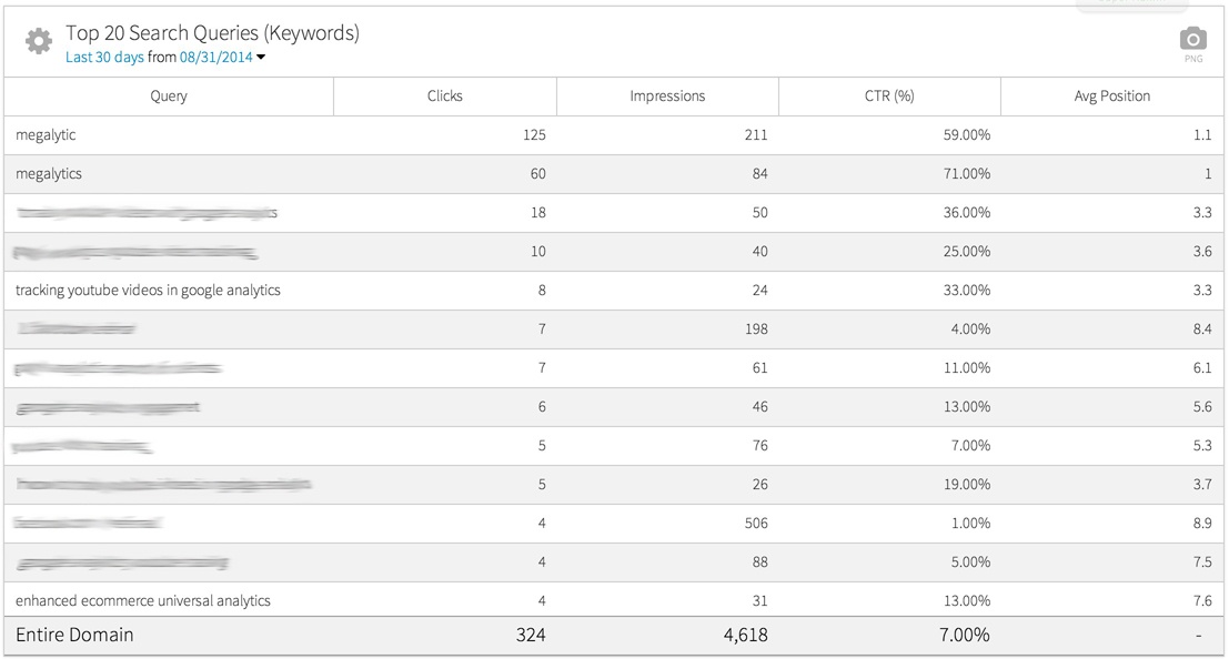 megalytic widget showing top 20 organic keywords