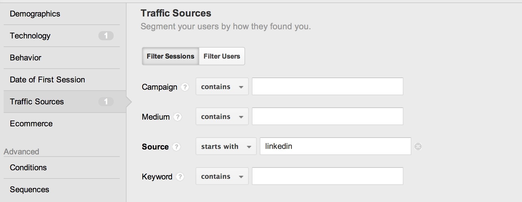 create segment with traffic source equals linkedin