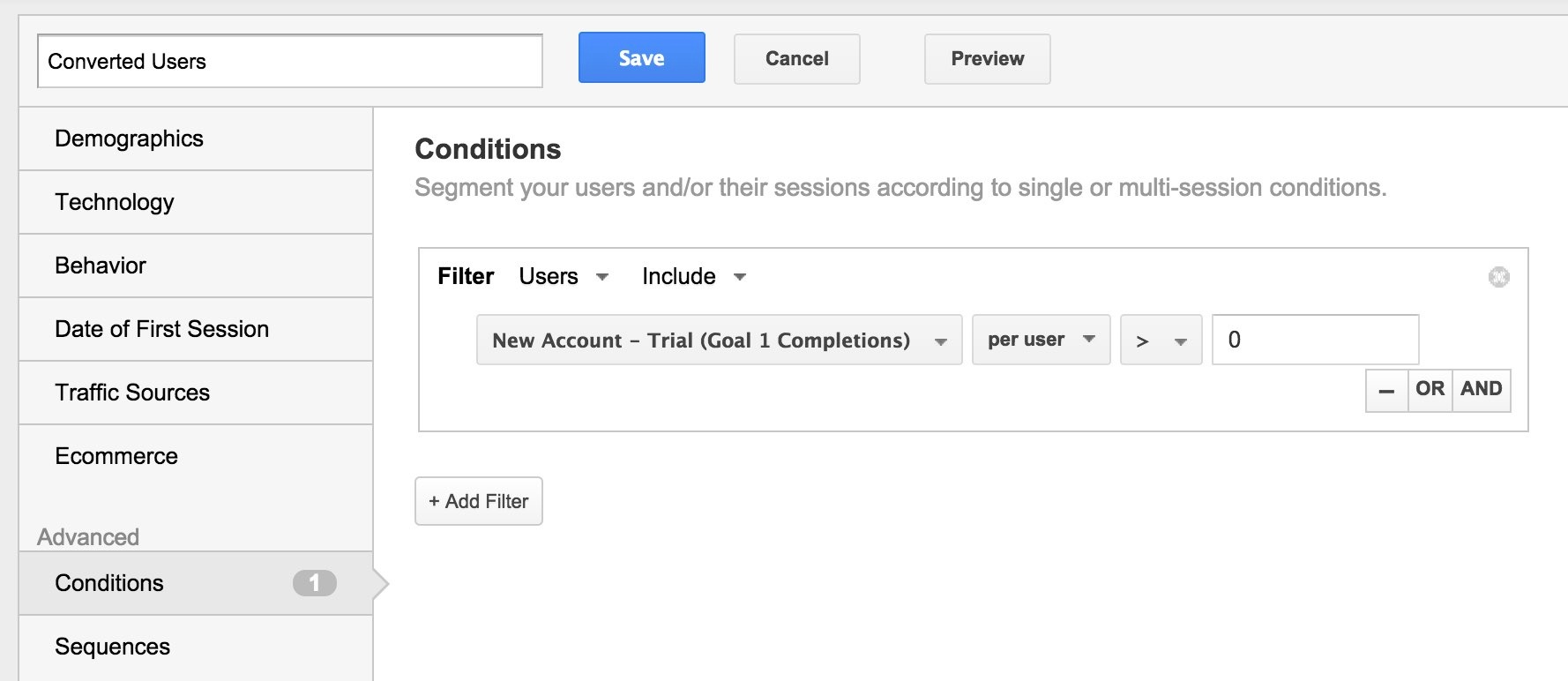 Google Analytics Create Trial User Segment