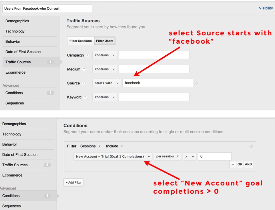 Google Analytics User Segment from Facebook Visits